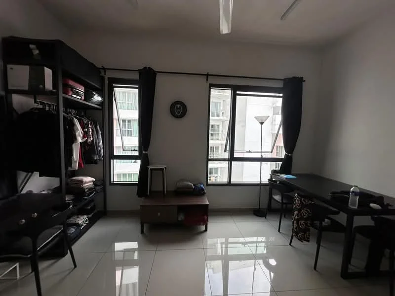 Room features: white painted walls, glossy tile flooring, two large windows with black curtains, black shelving unit with clothes, wooden desk, black chair, floor lamp, small coffee table, water bottle on table; style: modern; view: courtyard.