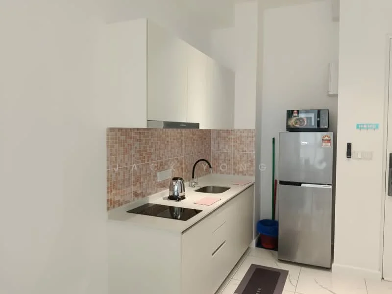 Kitchen features: white cabinetry, stainless-steel sink, chrome pull-down faucet, quartz countertop, mosaic tile backsplash, built-in oven, freestanding fridge, kettle, tile flooring, recessed downlights; style: modern.