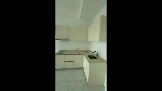 Kitchen features: white cabinetry, single-bowl stainless-steel sink, black gooseneck faucet, ceramic tile flooring, marble countertop, built-in oven, stove with cooktop, wall-mounted range hood; style: modern.