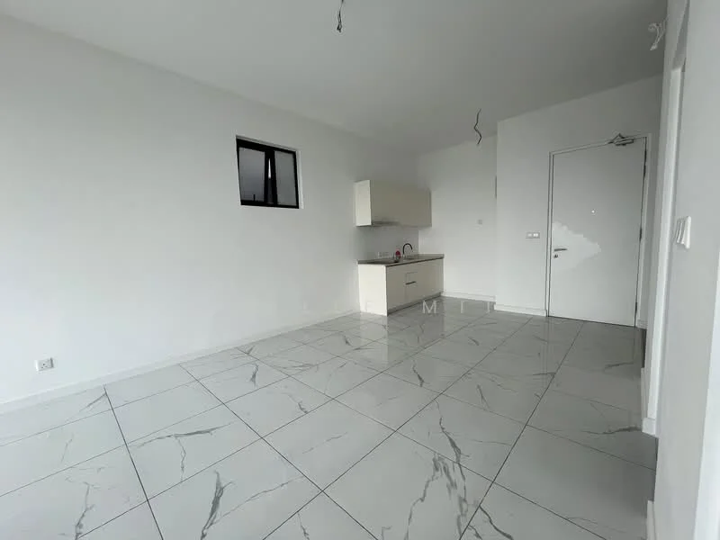 Room features: white painted walls, grey marble tile flooring, floor-to-ceiling window, kitchenette with white cabinetry, single-bowl sink, countertop, no visible appliances, open layout; style: modern.