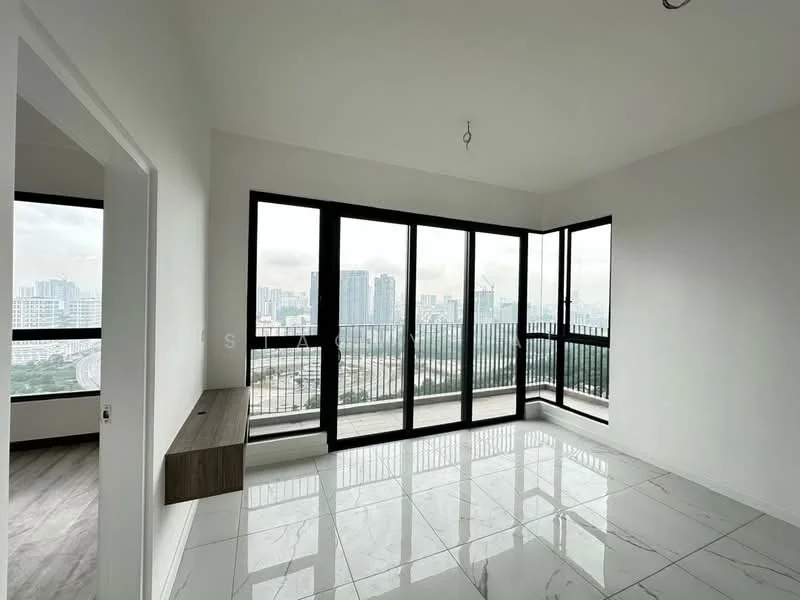 Living features: large floor-to-ceiling windows, white painted walls, marble tile flooring, black metal railing, built-in wall shelf, open layout, city skyline view, natural light from multiple angles; style: modern; view: city.