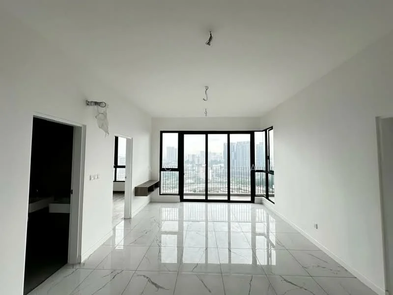Living features: white painted walls, marble tile flooring, floor-to-ceiling windows, city view, recessed downlights, open layout, high ceiling, sliding glass door; style: modern; view: city. Room features: white painted walls, marble tile flooring, doorway leading to another room.