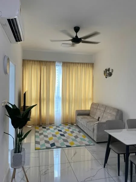 Living features: 3-seater fabric sofa in light grey, coffee table, TV console, wall-mounted TV, area rug with geometric pattern, 5-blade ceiling fan with light, floor-to-ceiling windows with sheer curtains, marble tile flooring, decorative wall sconce, indoor plant in decorative pot; style: modern; view: city.