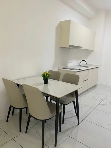 Kitchen features: white painted walls, marble tile flooring, light-colored cabinetry, stainless-steel sink, chrome pull-down faucet, kitchen countertop with marble finish, 4 dining chairs in beige, dining table with marble top, recessed lighting; style: modern.