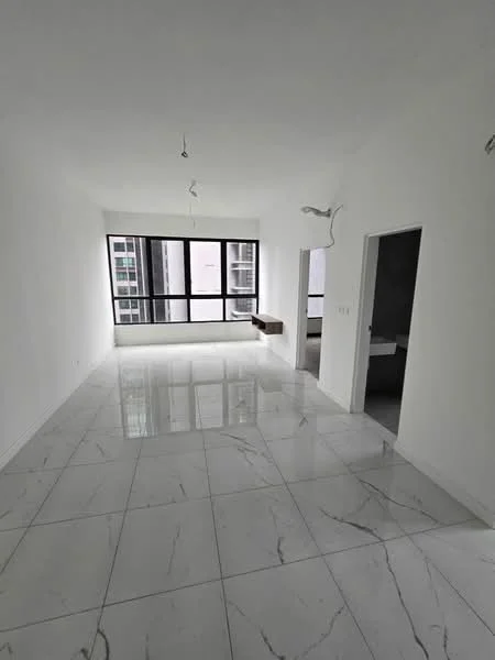 Living features: white painted walls, marble tile flooring, floor-to-ceiling windows, recessed downlights, open layout, neutral color scheme, minimalist design, no visible furniture; style: modern; view: city. Room features: white painted walls, marble tile flooring, doorway leading to another room.