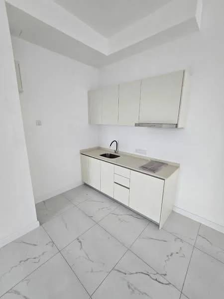 Kitchen features: white cabinetry, single-bowl stainless-steel sink, chrome pull-down faucet, light-colored countertop, marble tile flooring, white walls, recessed ceiling lights, upper cabinets with no handles; style: modern.