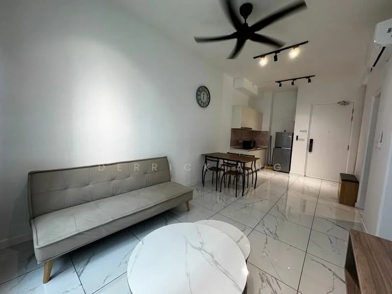 Living features: 3-seater fabric sofa in beige, round marble coffee table, wall clock, floor-to-ceiling windows, recessed LED downlights, 5-blade ceiling fan, white painted walls, marble tile flooring, kitchenette with countertop, stainless-steel fridge; style: modern.