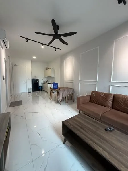 Living features: 3-seater leather sofa in brown, coffee table in wood, floor-to-ceiling windows, white painted walls, marble tile flooring, 5-blade ceiling fan in black, recessed LED downlights, TV console, wall-mounted TV, decorative wall panels; style: modern. Kitchen features: built-in kitchen cabinets, stainless-steel fridge, freestanding range oven, microwave, kitchen island, dining table for 4, black countertop; style: modern.
