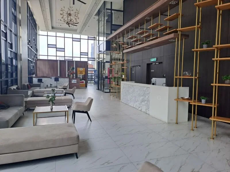 Living features: marble tile flooring, high ceiling with chandelier, large floor-to-ceiling windows, wood panelled walls, reception desk with marble top, sofa seating in beige fabric, gold metal shelving units, decorative plants on shelves, coffee tables, open layout, modern decor, natural light flooding in; style: modern; view: city.