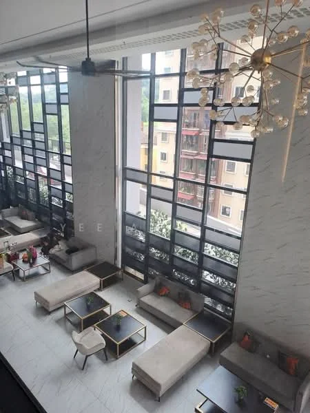 Living features: large floor-to-ceiling windows, grey marble walls, white marble flooring, modern chandelier, multiple grey sofas, black coffee tables, decorative cushions, indoor plants, open space layout, natural light flooding in; style: modern; view: garden.