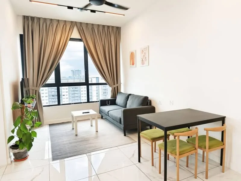 Living features: grey fabric sofa, white coffee table, green upholstered dining chairs, black dining table, large floor-to-ceiling window, sheer curtains, marble tile flooring, area rug, indoor plant; style: modern; view: city.