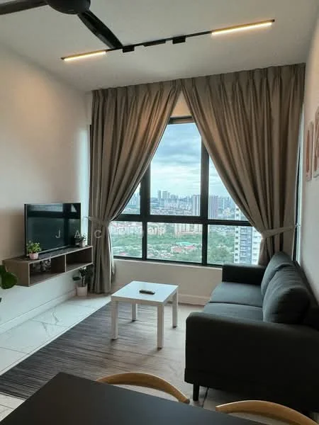 Living features: grey fabric sofa, white coffee table, wall-mounted TV, TV console with storage, floor-to-ceiling windows, sheer curtains, recessed LED downlights, area rug with geometric pattern, decorative wall art, plant in ceramic pot; style: modern; view: city.