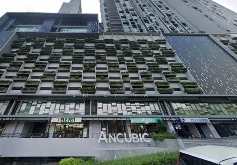 Exterior type: mixed-use development; features: glass facade, green vertical gardens, retail spaces on ground floor, 7-Eleven convenience store, ZUS Coffee outlet, multiple storeys, modern architectural design, balconies with planters, prominent signage, urban setting; style: modern.