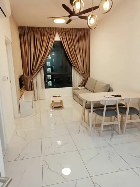 Living features: grey fabric sofa, wooden coffee table, 6-seater dining table, 4 dining chairs, marble tile flooring, white walls, curtains in beige and brown, ceiling fan with 5 blades and light, wall-mounted TV console, decorative wall art; style: modern.