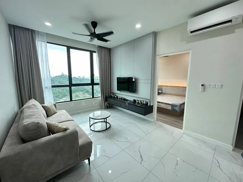 Living features: grey fabric sofa, round coffee table, wall-mounted TV, TV console with storage, floor-to-ceiling windows, curtains, marble tile flooring, ceiling fan with light, air conditioning unit; style: modern; view: city. Bedroom features: queen-size bed, bedside table, wall-mounted lighting, wood flooring; style: modern.