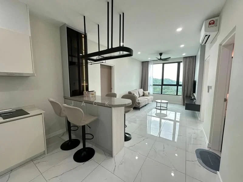 Living features: white painted walls, marble tile flooring, 5-blade ceiling fan with light, floor-to-ceiling windows, sofa in light beige, coffee table, TV console, wall-mounted TV, recessed LED downlights, open-plan layout with kitchen, bar stools at kitchen island, decorative wall panel, curtains, view of greenery; style: modern; view: garden. Kitchen features: white cabinetry, black countertop, stainless-steel sink, chrome pull-down faucet, built-in oven, induction hob, bar stools, open shelving; style: modern.