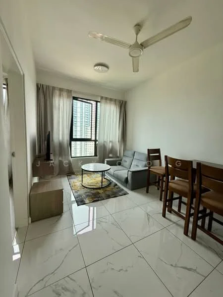 Living features: grey fabric sofa, round coffee table, TV console, wall-mounted TV, area rug with geometric pattern, 4-seater dining table, wooden dining chairs, white painted walls, marble tile flooring, ceiling fan with light, floor-to-ceiling window with sheer curtains; style: modern; view: city.