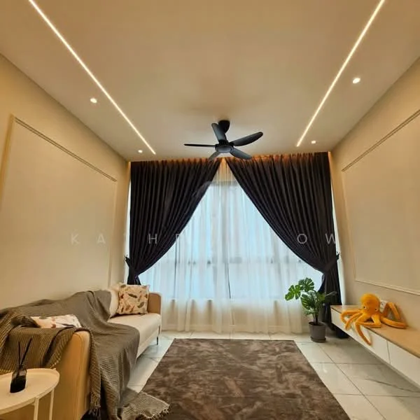 Living features: 5-blade ceiling fan with light, floor-to-ceiling windows, blackout curtains, sheer curtains, white painted walls, recessed LED downlights, area rug with geometric pattern, sofa in cream, decorative throw blanket, indoor plant in ceramic pot, decorative figure, tile flooring; style: modern.