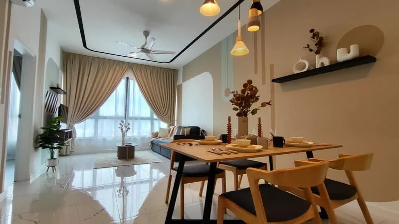 Dining features: 6-seater dining table, wooden dining chairs, decorative vase with dried flowers, tableware including plates and cups, pendant lighting above the table, marble flooring, wall-mounted shelf with decorative items, curtains covering large windows, ceiling fan with light, neutral wall color with accent wall; style: modern. Living features: sofa with cushions, coffee table, area rug, decorative wall art, floor lamp, large windows with natural light, plant in corner; style: modern.