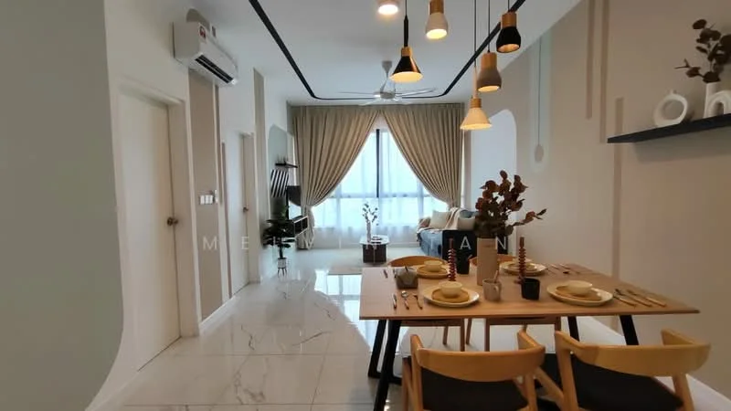 Dining features: wood dining table, 4 wooden dining chairs, white plates, black cutlery, decorative vase with dried flowers, pendant lighting, marble tile flooring, neutral wall color, open layout to living area, floor-to-ceiling windows with sheer curtains, wall-mounted shelf with decorative items; style: modern; view: city. Living features: fabric sofa in light blue, coffee table, TV console, decorative plants, recessed downlights, curtains, wall-mounted TV; style: modern; view: city.