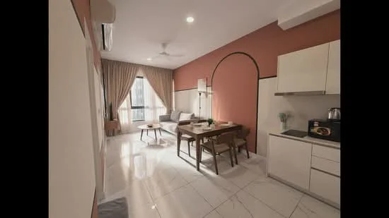 Living features: white painted walls, accent wall in terracotta, marble tile flooring, 5-blade ceiling fan with light, floor-to-ceiling windows, sheer curtains, sofa, dining table with chairs, kitchenette with cabinets, stainless-steel kettle, decorative vase, tableware on dining table; style: modern; view: city.