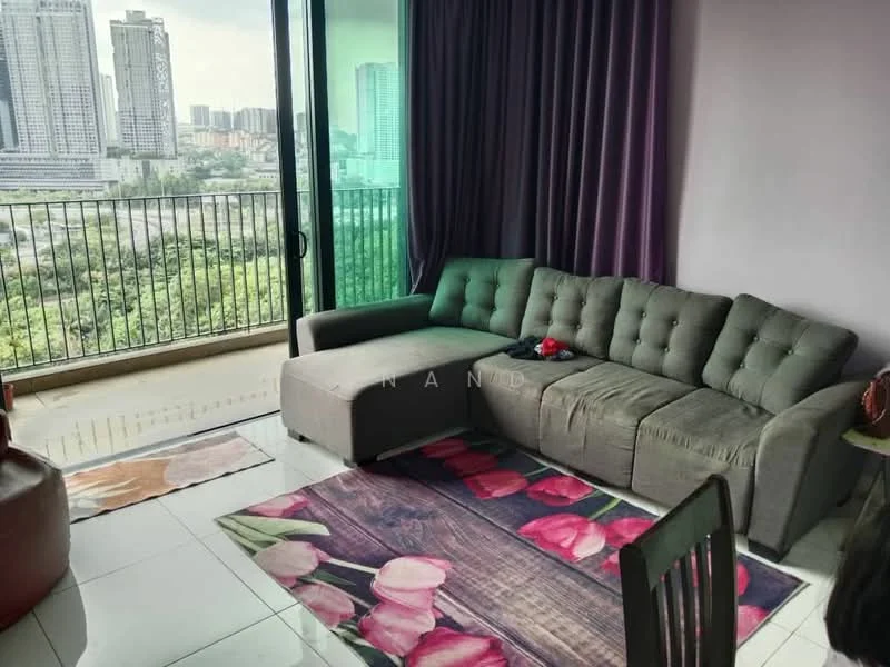 Living features: L-shape sectional sofa in grey, floor-to-ceiling windows, purple curtains, area rug with floral pattern, tile flooring, coffee table, decorative wall art, city view; style: modern; view: city.
