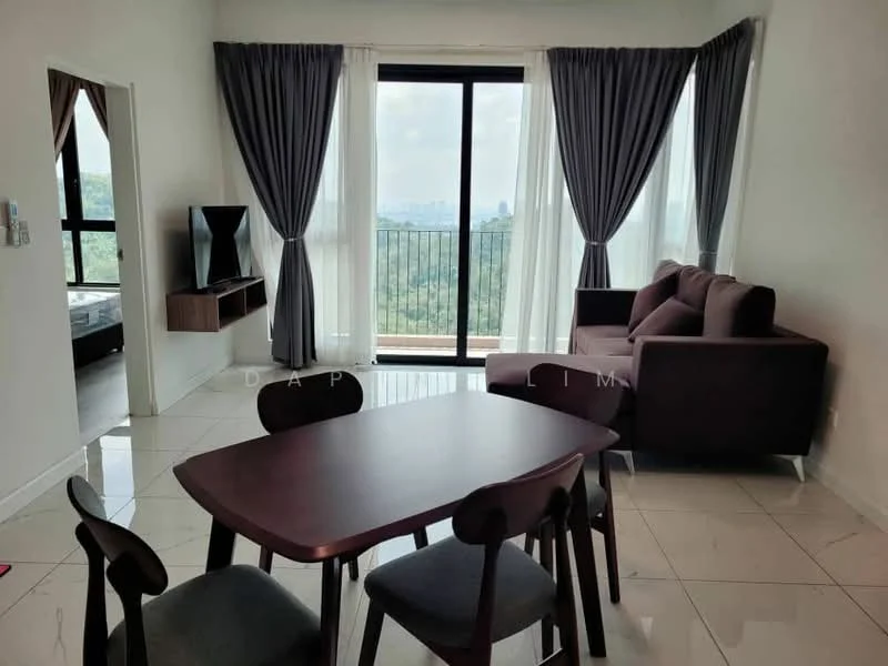Living features: floor-to-ceiling windows, grey fabric sofa, coffee table, TV console, wall-mounted TV, curtains with sheer and blackout layers, marble tile flooring, recessed downlights; style: modern; view: city. Dining features: wooden dining table, 4 upholstered dining chairs; style: modern.
