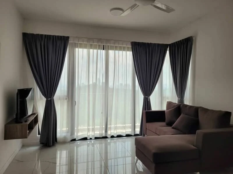 Living features: 3-seater fabric sofa in brown, wall-mounted TV, wooden TV console, floor-to-ceiling windows, sheer curtains, blackout curtains, recessed ceiling lights, glossy tile flooring, ceiling fan; style: modern.
