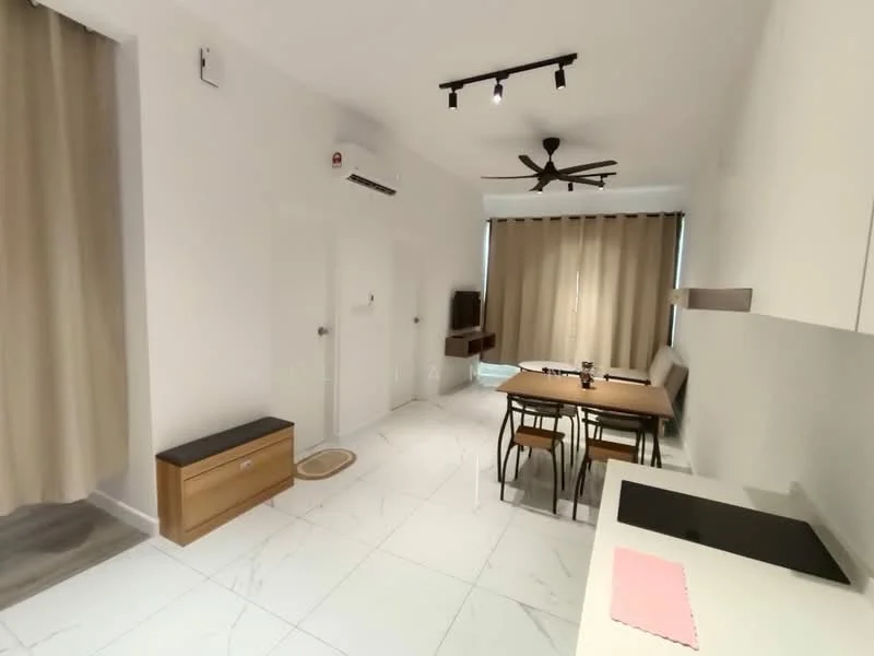 Living features: white painted walls, marble tile flooring, 5-blade ceiling fan with light, wall-mounted split AC, dining table with 4 chairs, wooden sideboard, curtains, TV console, sliding door, decorative wall panel; style: modern.