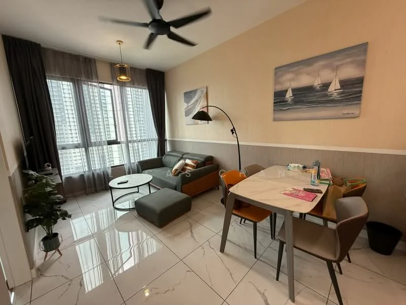 Living features: 3-seater fabric sofa in grey, coffee table, floor-to-ceiling windows, curtains, ceiling fan, marble tile flooring, wall-mounted artwork, decorative floor lamp, area rug, dining table with chairs; style: modern; view: city.