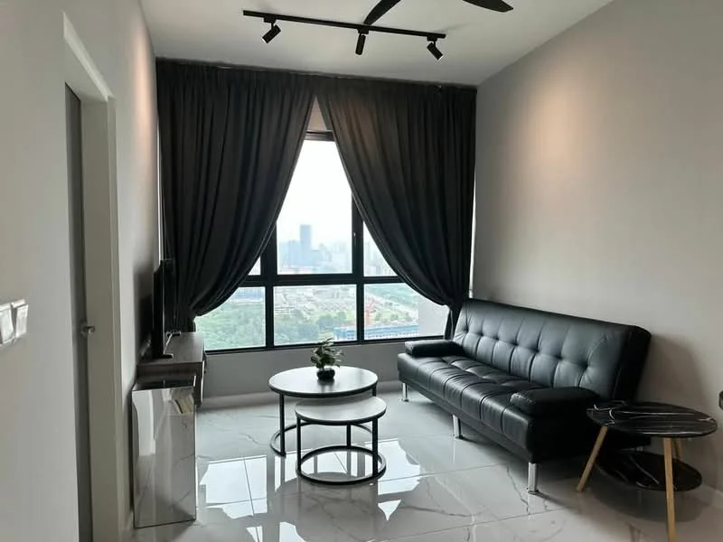 Living features: black leather sofa, round coffee table, TV console, wall-mounted TV, floor-to-ceiling windows, grey painted walls, marble tile flooring, black ceiling fan with light, sheer curtains, decorative plant in pot; style: modern; view: city.