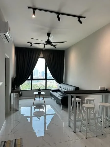 Living features: 3-seater leather sofa in black, coffee table, bar table with high stools, floor-to-ceiling windows, blackout curtains, 5-blade ceiling fan with light, recessed LED downlights, marble tile flooring, decorative plant on table, wall-mounted air conditioning unit; style: modern; view: city.