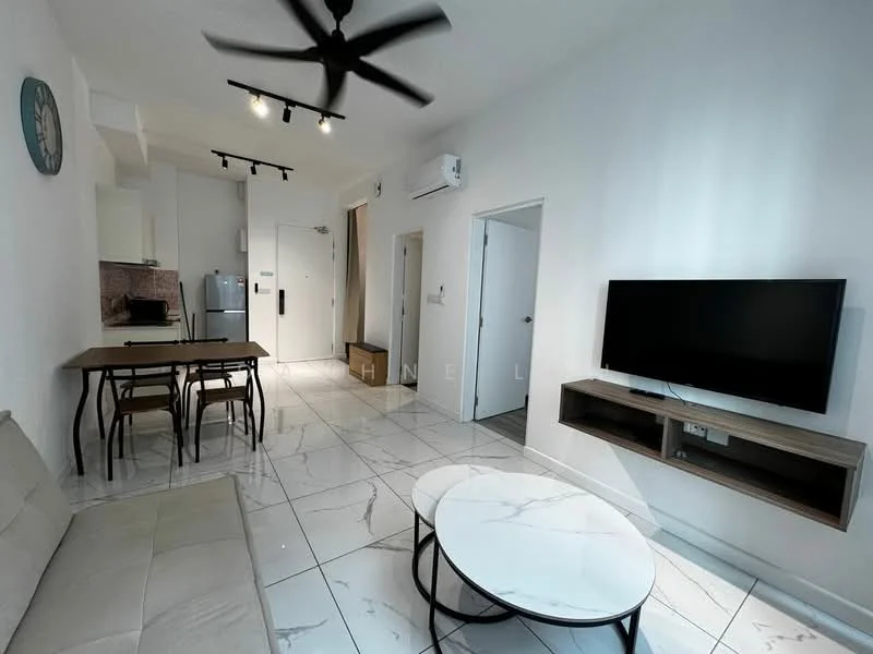 Living features: white painted walls, marble tile flooring, 5-blade ceiling fan with light, wall-mounted TV, TV console, coffee table with marble top, 3-seater fabric sofa in beige, dining table with 4 chairs, recessed downlights, air conditioning unit; style: modern. Kitchen features: white cabinetry, black countertop, stainless-steel fridge, built-in oven, freestanding range oven, sink, tile backsplash; style: modern.
