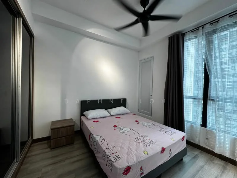 Bedroom features: queen-size bed, upholstered headboard, bedside table, floor-to-ceiling windows, sheer curtains, wooden flooring, ceiling fan, built-in wardrobe with sliding doors, decorative wall with light, light-colored walls; style: modern; view: city.
