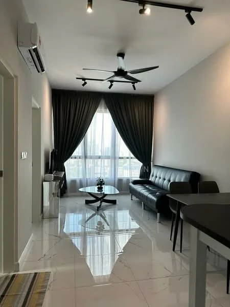 Living features: 3-seater leather sofa in black, coffee table, floor-to-ceiling windows, blackout curtains, recessed LED downlights, 5-blade ceiling fan with light, marble tile flooring, decorative plant on table, wall-mounted split AC; style: modern; view: city.