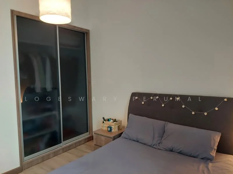 Bedroom features: queen-size bed with grey bedding, upholstered headboard, wooden bedside table, decorative string lights, sliding glass wardrobe doors, light wooden flooring, ceiling light fixture, neutral wall color; style: modern.
