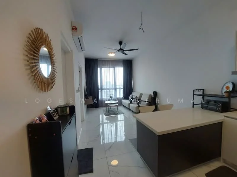 Living features: white painted walls, marble tile flooring, 5-blade ceiling fan, floor-to-ceiling windows, blackout curtains, sofa in beige, coffee table, decorative mirror, area rug, wall-mounted TV, TV console; style: modern; view: city. Kitchen features: white cabinetry, black countertop, stainless-steel sink, chrome pull-down faucet, built-in appliances, open shelving; style: modern.