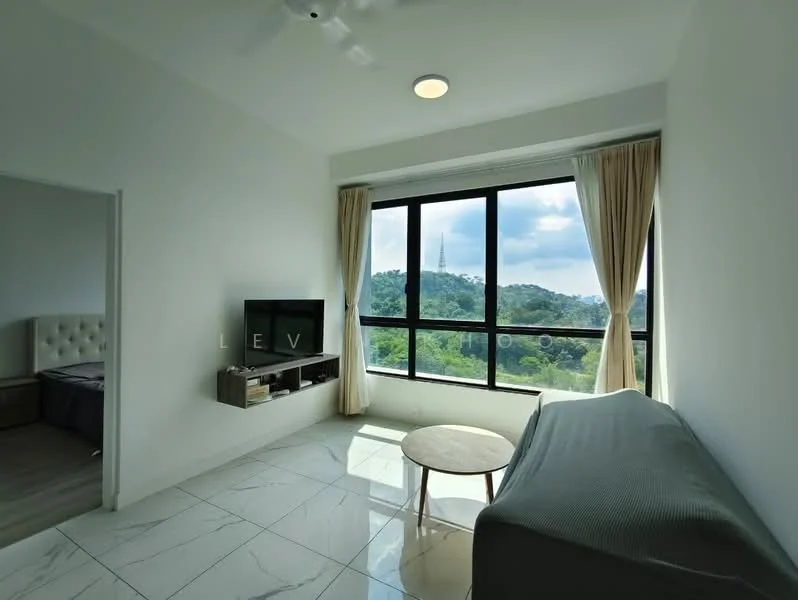 Living features: floor-to-ceiling windows, mountain view, light grey sofa, round wooden coffee table, wall-mounted TV, TV console, white painted walls, marble tile flooring, ceiling fan, curtains, recessed ceiling light; style: modern; view: mountain. Room features: grey upholstered bed, white painted walls, wooden flooring.