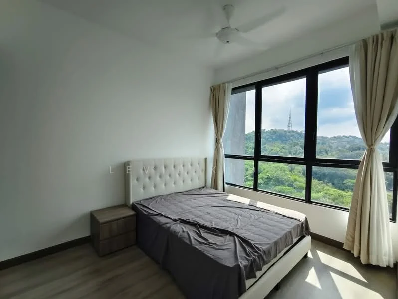 Bedroom features: king-size bed with upholstered headboard, grey bedspread, nightstand with drawer, floor-to-ceiling windows, sheer curtains, wooden flooring, ceiling fan, view of greenery; style: modern; view: garden.