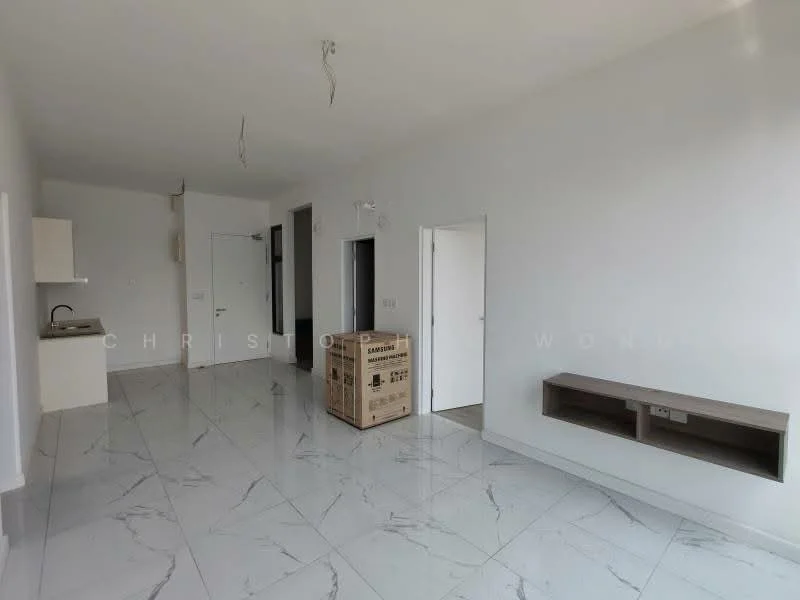 Living features: white painted walls, marble tile flooring, ceiling with exposed wiring, built-in wall shelf, door to hallway, door to kitchen, window with natural light, open layout, kitchenette area with sink; style: modern.