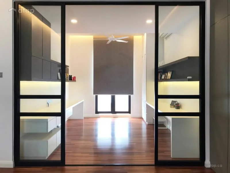 Room features: wooden flooring, black framed glass doors, recessed LED lighting, built-in cabinetry with dark finish, white shelving units, large window with roller blinds, ceiling fan, neutral wall color, minimalist decor; style: modern.