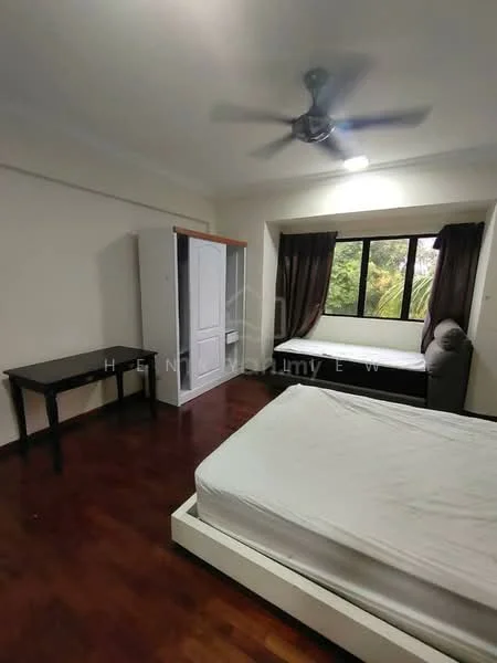 Bedroom features: wooden flooring, white painted walls, ceiling fan, large window with view of greenery, built-in wardrobe, study desk, single bed, queen-size bed frame without mattress; view: garden.