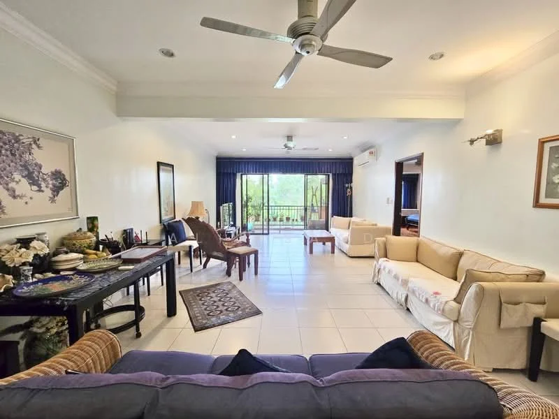 Living features: white painted walls, tile flooring, 5-blade ceiling fan with light, sofa in beige, sofa in dark blue, coffee table, area rug with geometric pattern, floor-to-ceiling sliding glass door, curtains, decorative wall art, side table, armchair, dining table, plant in ceramic pot; style: modern; view: garden.