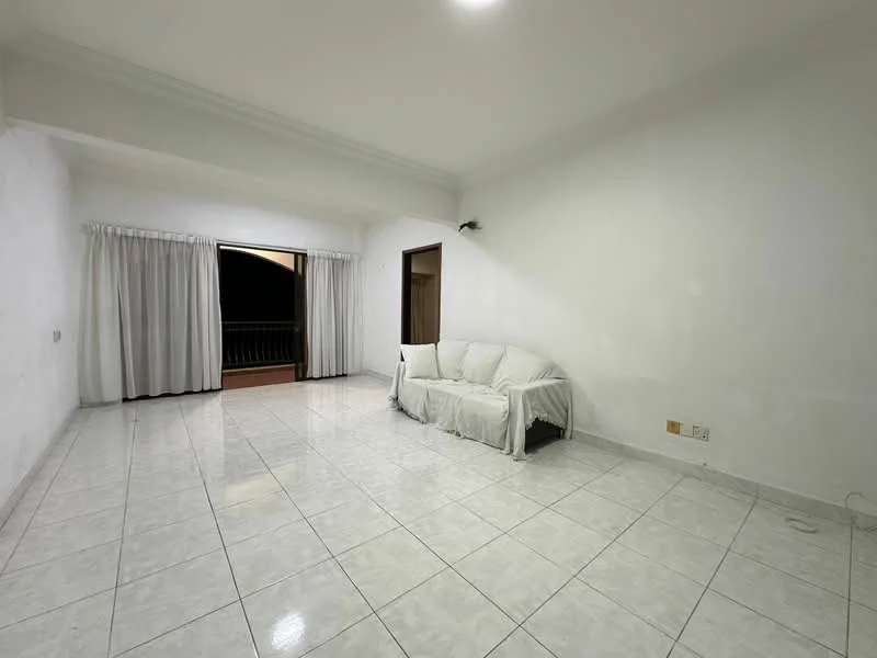 Living features: white painted walls, white ceiling, ceramic tile flooring, 3-seater fabric sofa covered with white throw, floor-to-ceiling sliding glass door, curtains, recessed ceiling lights; style: minimalist.