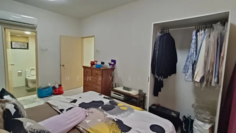 Bedroom features: queen-size bed with patterned bedding, wooden bedside table, wall-mounted air conditioning unit, built-in wardrobe with hanging clothes, laminate flooring, white painted walls, window with sheer curtains, decorative wall art, dressing table, clothes storage, light fixture on ceiling; style: modern. Bathroom features: one-piece toilet, white tiled walls, small window, sink with mirror, light fixture, shower area, tile flooring.