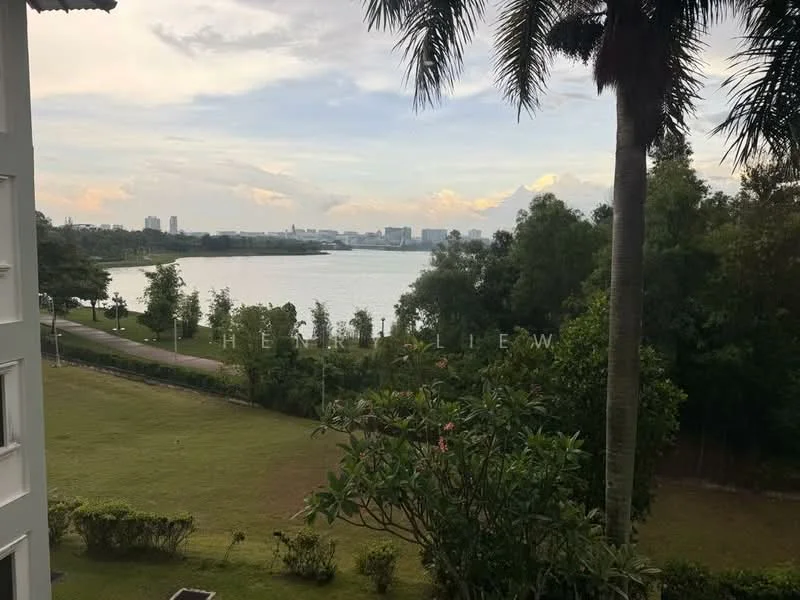Exterior features: waterfront view, lush greenery, manicured lawn, palm trees, pathway along the water, city skyline in background, cloudy sky; style: contemporary.