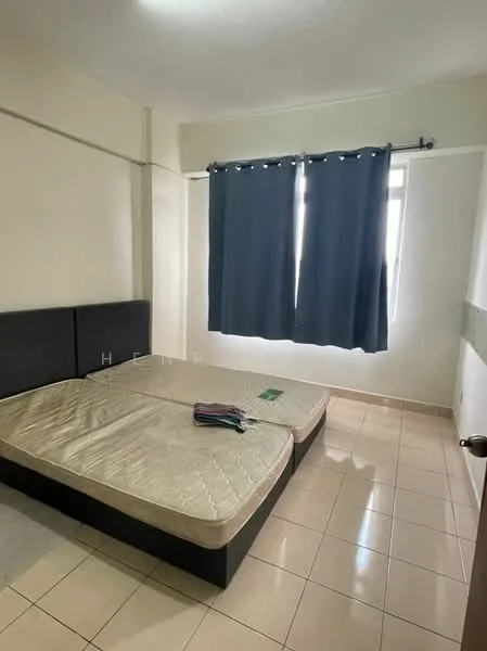 Bedroom features: two single beds with mattresses, grey upholstered headboard, floor-to-ceiling window, dark blue curtains, cream tiled flooring, white painted walls, light fixture on ceiling, no visible storage or decor.