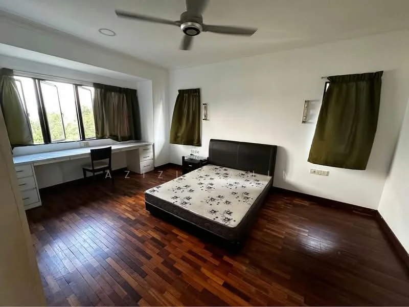 Bedroom features: queen-size bed, wooden flooring, white painted walls, 2 large windows with green curtains, desk with drawers, chair, ceiling fan, decorative wall sconces; style: modern; view: garden.