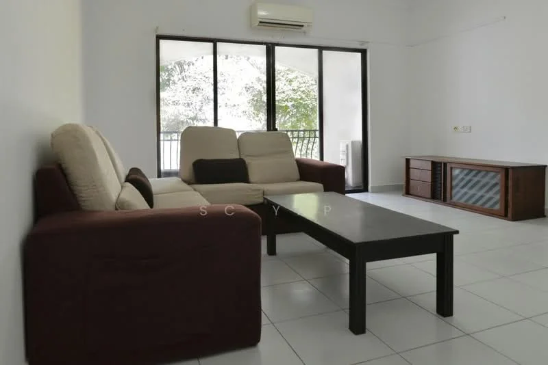 Living features: 3-seater fabric sofa in beige, 2-seater fabric sofa in burgundy, black coffee table, wooden TV console, white painted walls, tile flooring, floor-to-ceiling windows, wall-mounted split AC; style: modern.