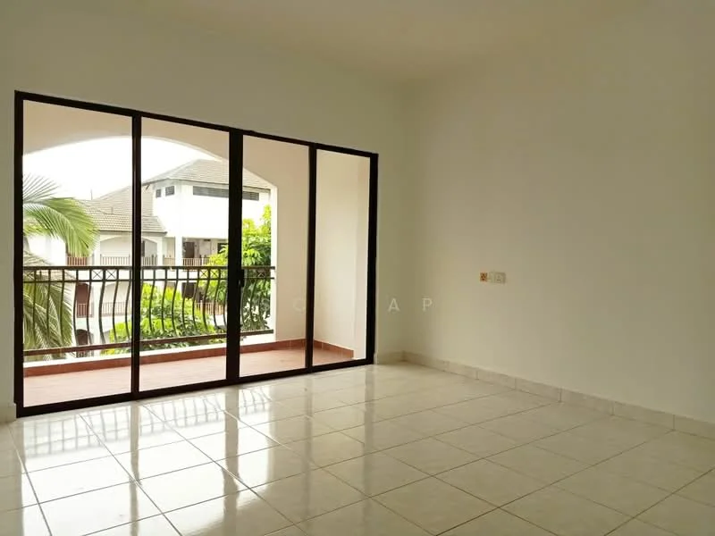 Room features: large sliding glass door, white painted walls, glossy tile flooring, balcony view, natural light from windows, neutral color scheme, no visible furniture, open layout; style: modern; view: garden.